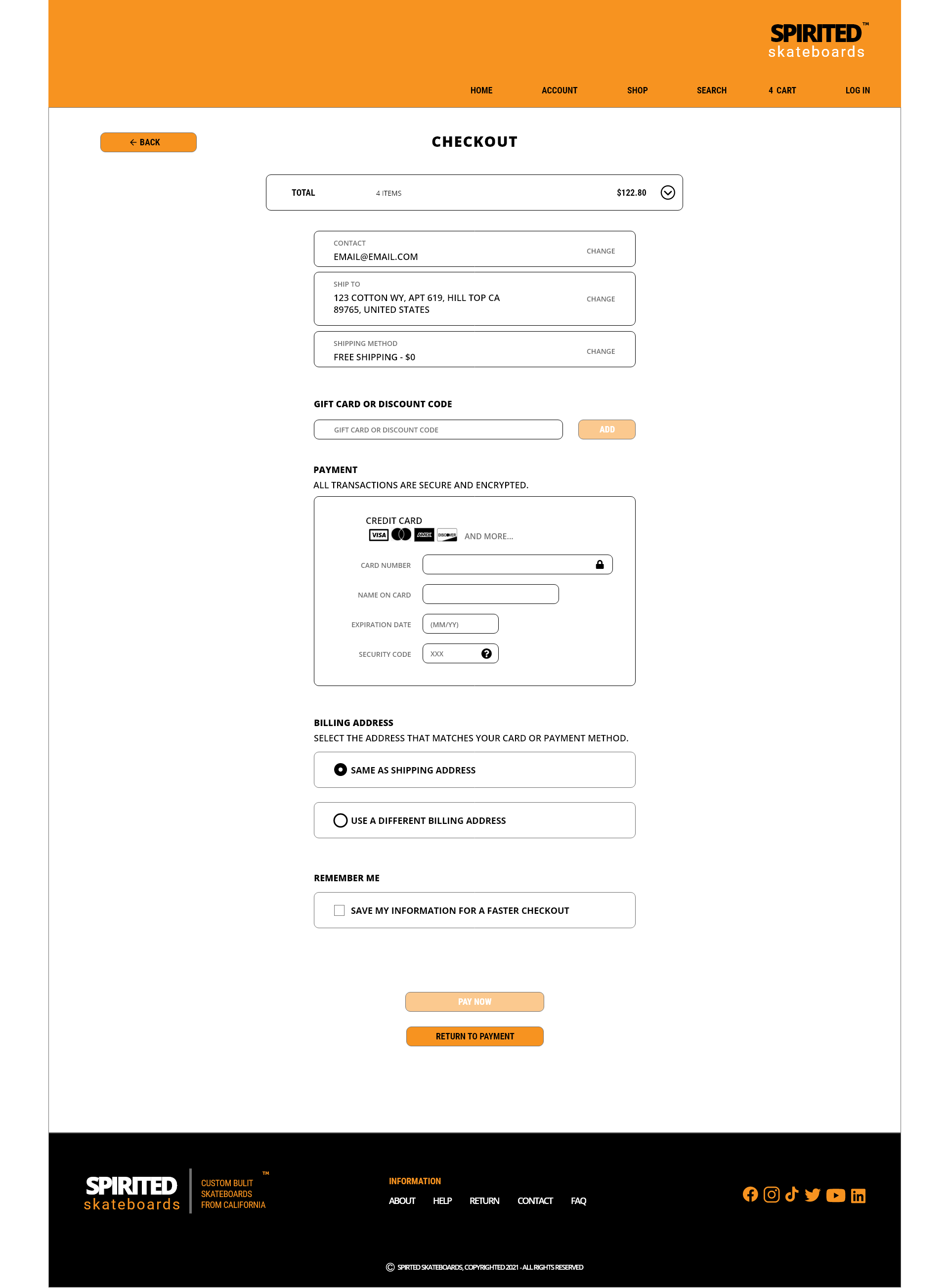 spirited skateboards checkout page
